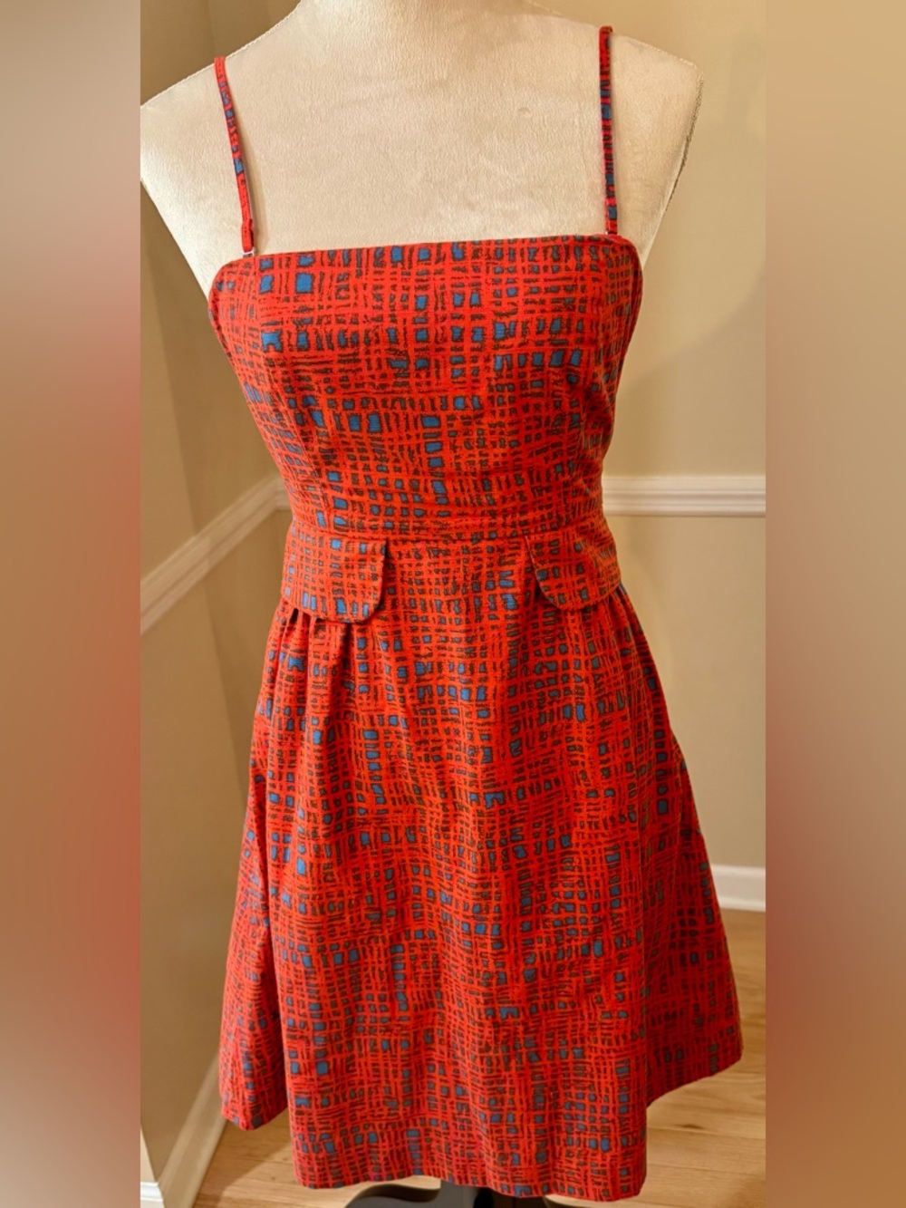🍒🦋 Tabitha Anthropologie Red Blue Corset Bodice Dress Fit Flare, XS fit